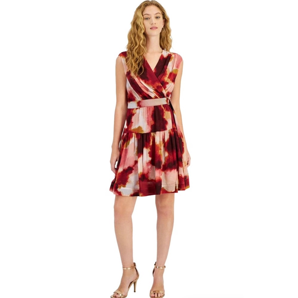 Taylor Abstract Print Serena Sleeveless V-Neck Ruffle Tiered Mini Dress Women XS